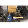 Image 1 : 3.7MM LIGHT TIRE CHAINS IN SOFT TRANSPORT BAG, BOX OF ICE CLEATS, & WOODEN STORAGE CRATE