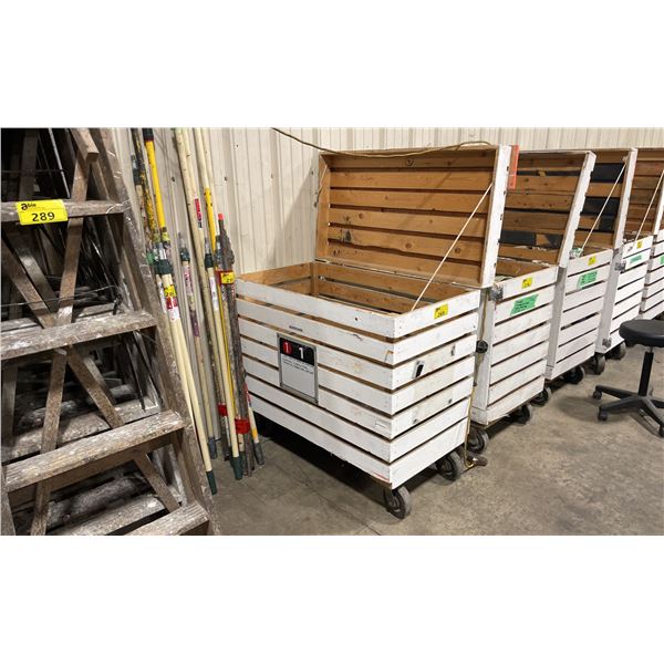WHITE WOODEN MOBILE 47"W X 26"W X 45"H INDUSTRIAL STORAGE CRATE *EMPTY*