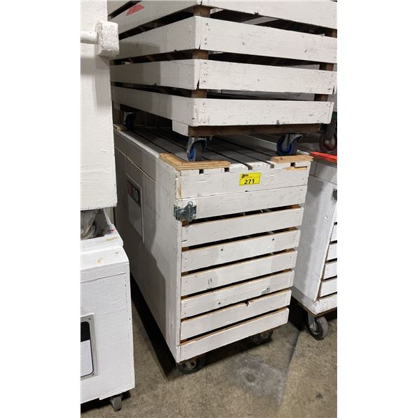 WHITE WOODEN MOBILE 47"W X 26"W X 45"H INDUSTRIAL STORAGE CRATE *EMPTY*