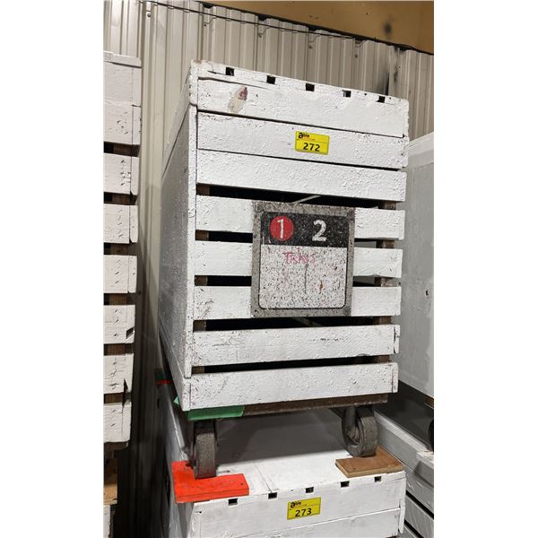 WHITE WOODEN MOBILE 47"W X 26"W X 45"H INDUSTRIAL STORAGE CRATE *EMPTY*