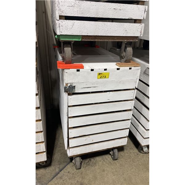 WHITE WOODEN MOBILE 47"W X 26"W X 45"H INDUSTRIAL STORAGE CRATE *EMPTY*