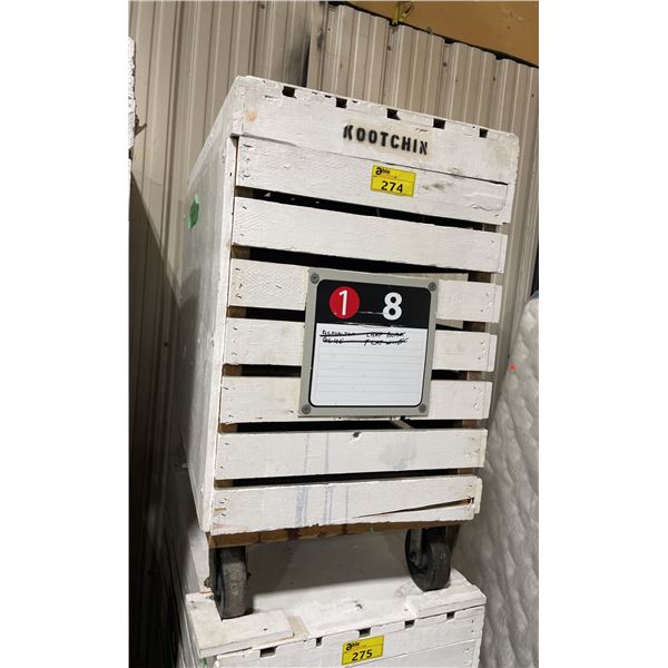 WHITE WOODEN MOBILE 47"W X 26"W X 45"H INDUSTRIAL STORAGE CRATE *EMPTY*