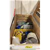 Image 2 : WHITE WOODEN MOBILE 47"W X 26"W X 45"H INDUSTRIAL STORAGE CRATE WITH ASSORTED HAND TOOLS, CHALK