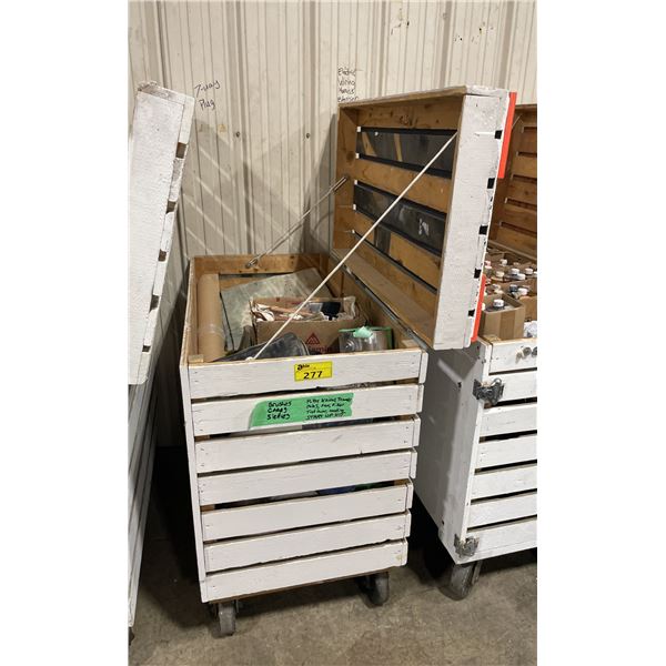 WHITE WOODEN MOBILE 47"W X 26"W X 45"H INDUSTRIAL STORAGE CRATE WITH PAINTERS DRAPERY & PAINT