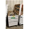 Image 1 : WHITE WOODEN MOBILE 47"W X 26"W X 45"H INDUSTRIAL STORAGE CRATE WITH PAINTERS DRAPERY & PAINT