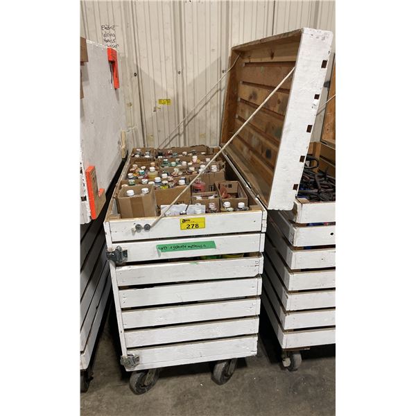 WHITE WOODEN MOBILE 47"W X 26"W X 45"H INDUSTRIAL STORAGE CRATE WITH ASSORTED PRINT SHOP DYES /
