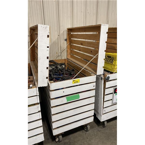 WHITE WOODEN MOBILE 47"W X 26"W X 45"H INDUSTRIAL STORAGE CRATE WITH 14 HAND HELD INDUSTRIAL