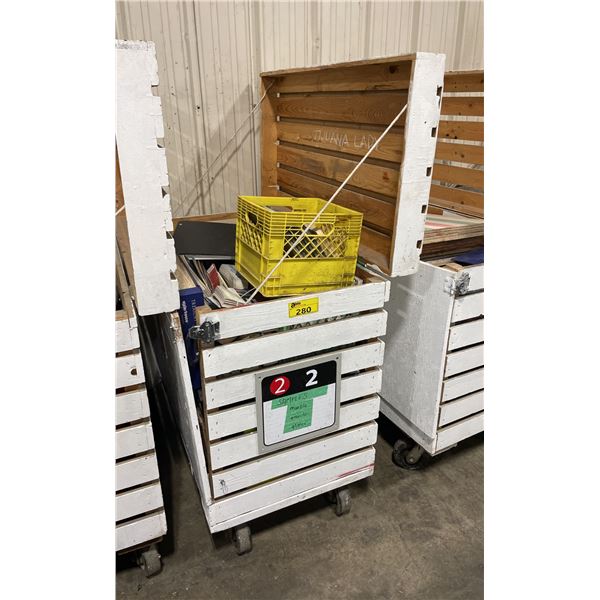WHITE WOODEN MOBILE 47"W X 26"W X 45"H INDUSTRIAL STORAGE CRATE WITH ASSORTED SAMPLE PRODUCTS