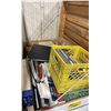 Image 2 : WHITE WOODEN MOBILE 47"W X 26"W X 45"H INDUSTRIAL STORAGE CRATE WITH ASSORTED SAMPLE PRODUCTS