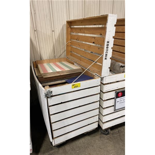 WHITE WOODEN MOBILE 47"W X 26"W X 45"H INDUSTRIAL STORAGE CRATE WITH ASSORTED SAMPLE PRODUCTS