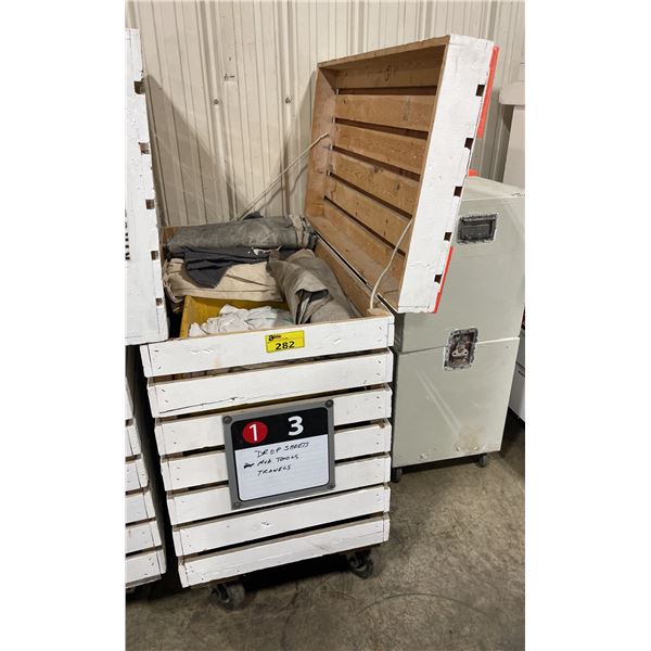 WHITE WOODEN MOBILE 47"W X 26"W X 45"H INDUSTRIAL STORAGE CRATE WITH PAINTERS DRAPERY & PAINT