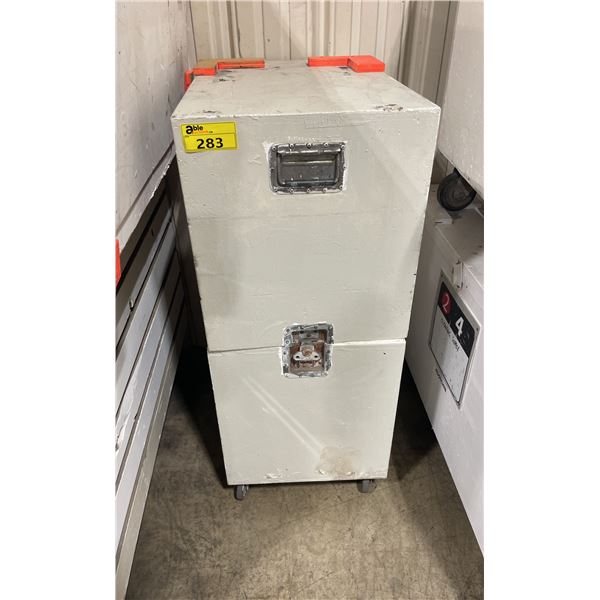 WHITE WOODEN MOBILE 30"W X 20"W X 48"H INDUSTRIAL STORAGE CRATE *EMPTY*