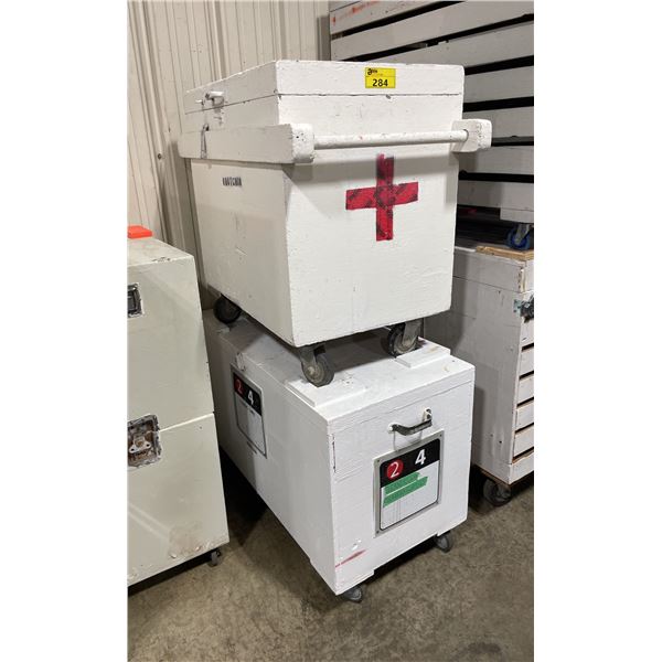 WHITE WOODEN MOBILE 48"W X 24"W X 31"H & 45"W X 24"D X 36"H INDUSTRIAL STORAGE CRATES *EMPTY*