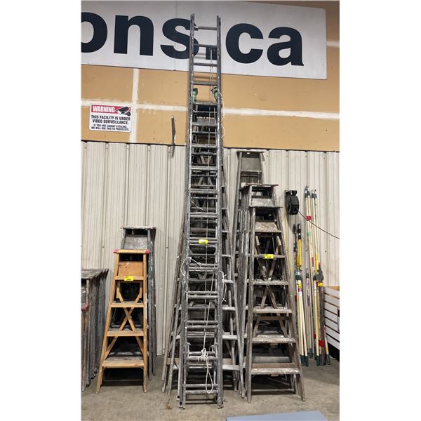 STACK OF ASSORTED COMMERCIAL ALUMINUM EXTENSION LADDERS & LARGE WOODEN STEP LADDERS *MUST TAKE ALL*
