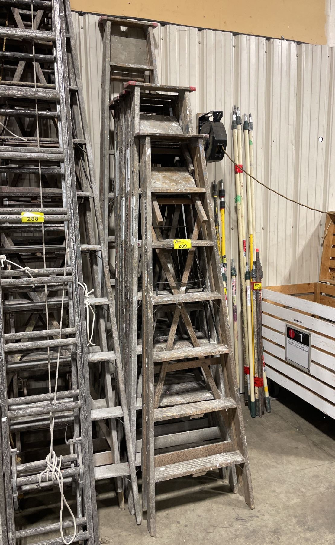 STACK OF 6 ASSORTED COMMERCIAL WOODEN STEP LADDERS *MUST TAKE ALL ...