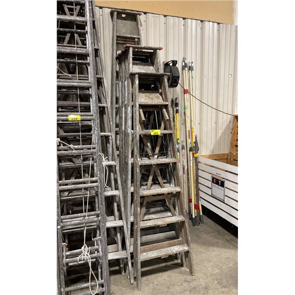 STACK OF 6 ASSORTED COMMERCIAL WOODEN STEP LADDERS *MUST TAKE ALL*