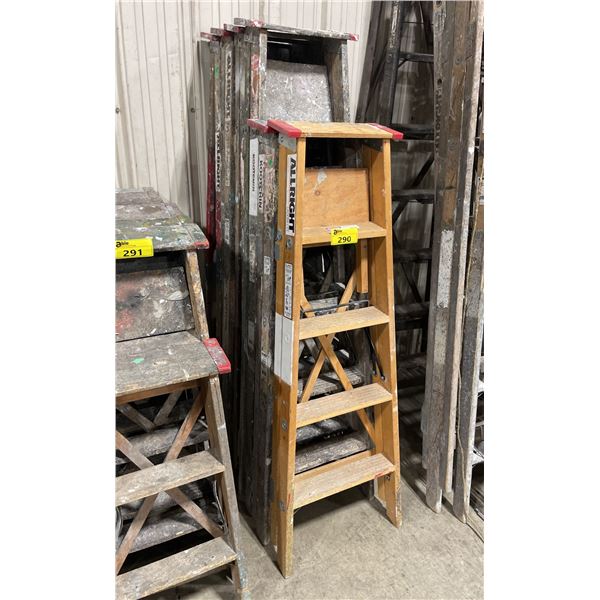STACK OF 6 ASSORTED COMMERCIAL WOODEN STEP LADDERS *MUST TAKE ALL*