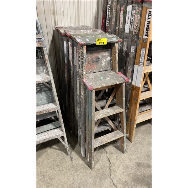 STACK OF 7 ASSORTED COMMERCIAL WOODEN STEP LADDERS *MUST TAKE ALL*