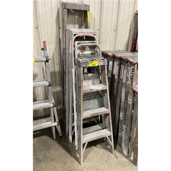 STACK OF 6 ASSORTED COMMERCIAL ALUMINUM STEP LADDERS *MUST TAKE ALL*