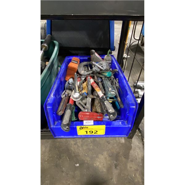 PLASTIC BIN OF ASSORTED HAND TOOLS *BIN INCLUDED*