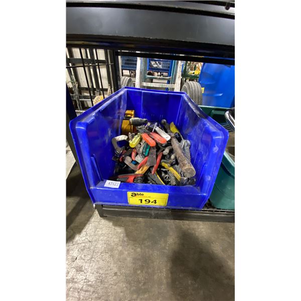 PLASTIC BIN OF ASSORTED HAND TOOLS *BIN INCLUDED*
