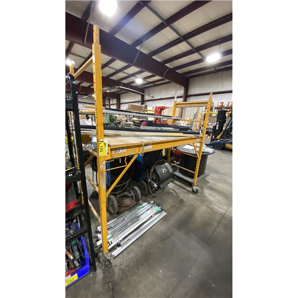 YELLOW ADJUSTABLE PAINTERS SCAFFOLDING WITH DRYING RACKS, MIXING PADDLES, STRAIGHT EDGES, SIGNS &