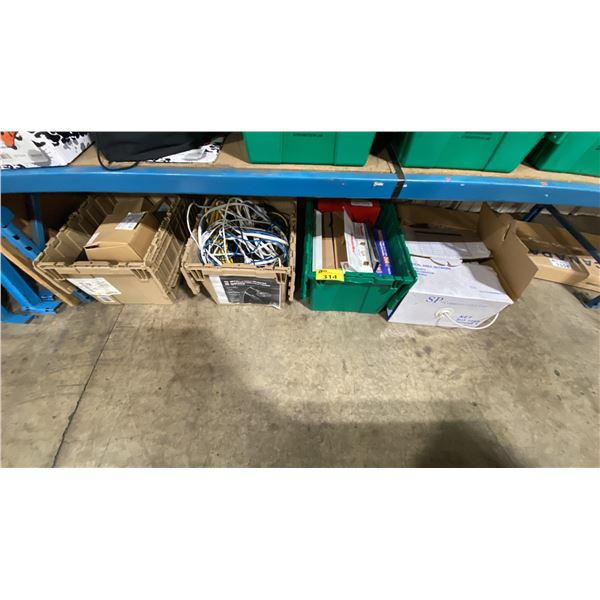 3 FOLD TOP BINS OF COMMERCIAL OFFICE PRODUCTS & BOX OF CAT 6 NETWORK CABLE *BINS INCLUDED*