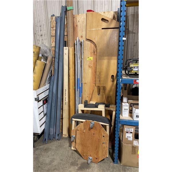 SINGLE BAY OF EZ RECT SHELVING UNIT, MOBILE WOODEN ROLL RACK, WOODEN PRINTER STAND, & STRAIGHT EDGE