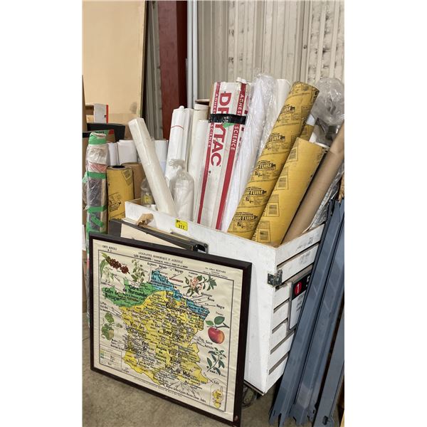 WHITE WOODEN MOBILE 47"W X 26"W X 45"H INDUSTRIAL STORAGE CRATE WITH ASSORTED ROLLS OF PRINT SHOP