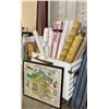 Image 1 : WHITE WOODEN MOBILE 47"W X 26"W X 45"H INDUSTRIAL STORAGE CRATE WITH ASSORTED ROLLS OF PRINT SHOP