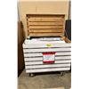 Image 1 : WHITE WOODEN MOBILE 47"W X 26"W X 45"H INDUSTRIAL STORAGE CRATE WITH ASSORTED ROLLS OF PRINT SHOP