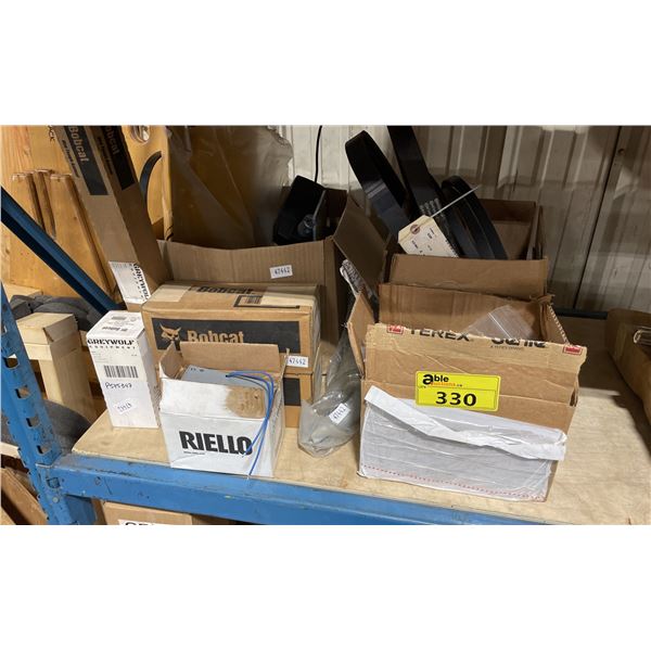 BOXES OF ASSORTED BOBCAT PARTS, BELTS & COMMERCIAL VEHICLE PARTS