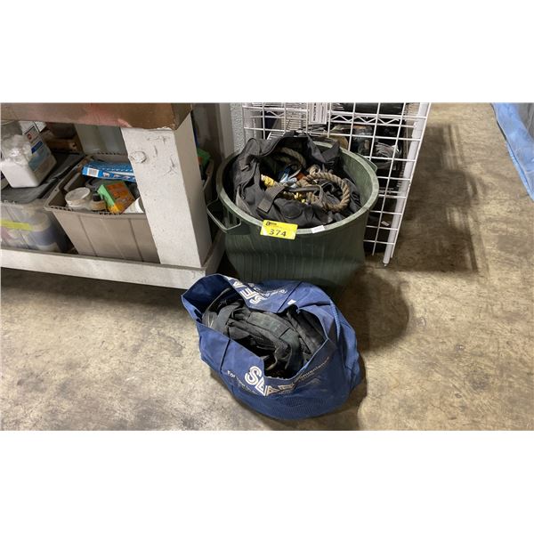 BLUE BAG / GREEN GARBAGE CAN OF ASSORTED RIGGING GEAR, ROPES & CONSTRUCTION HARNESS