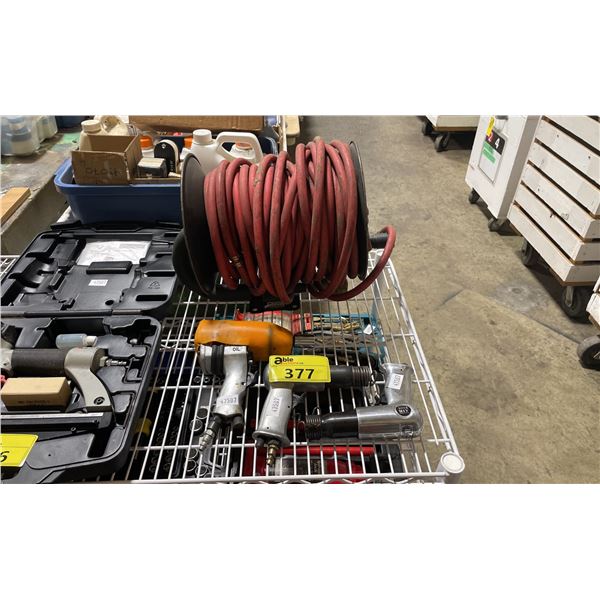 BLACK WALL HUNG AIR HOSE REEL WITH HOSE, 2 PNEUMATIC CHISELS, & PNEUMATIC IMPACT GUN