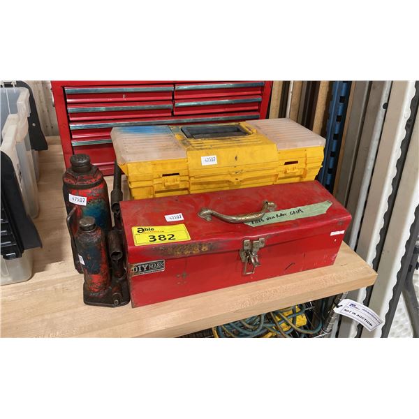 2 HYDRAULIC BOTTLE JACKS, YELLOW PLASTIC PORTABLE TOOL BOX WITH CONTENTS, & RED METAL PORTABLE TOOL