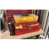 Image 1 : 2 HYDRAULIC BOTTLE JACKS, YELLOW PLASTIC PORTABLE TOOL BOX WITH CONTENTS, & RED METAL PORTABLE TOOL