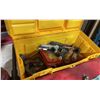 Image 2 : 2 HYDRAULIC BOTTLE JACKS, YELLOW PLASTIC PORTABLE TOOL BOX WITH CONTENTS, & RED METAL PORTABLE TOOL