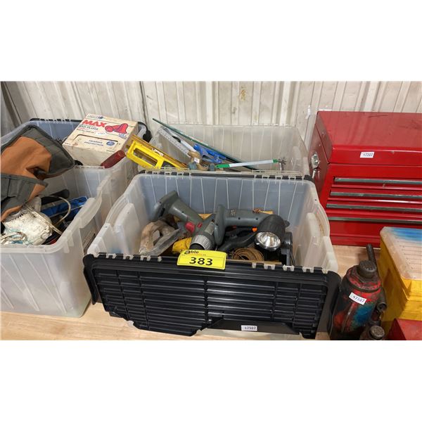 2 PLASTIC FOLD TOP BINS OF ASSORTED HAND TOOLS, POWER TOOLS & ASSORTED SHOP CONTENTS *PLASTIC BINS