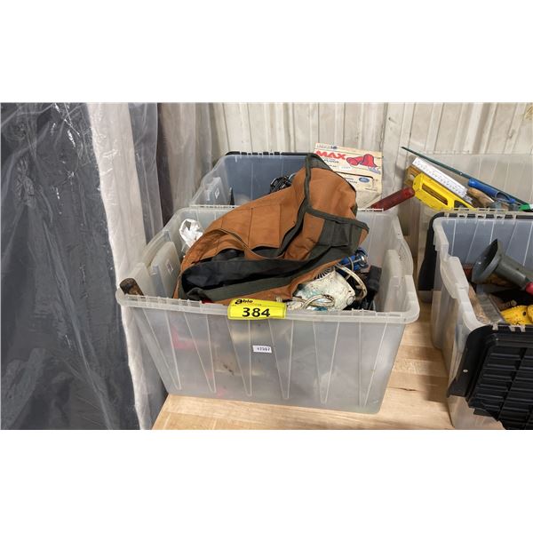 2 PLASTIC FOLD TOP BINS OF ASSORTED HAND TOOLS, POWER TOOLS & ASSORTED SHOP CONTENTS *PLASTIC BINS