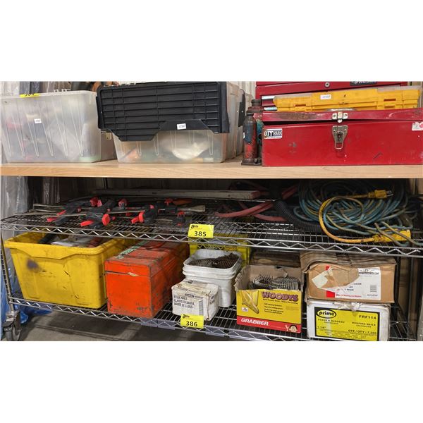 SHELF OF ASSORTED LARGE TOOLS, CLAMPS, STRAIGHT EDGES, & HOSES *SHELF NOT INCLUDED*