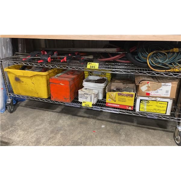 SHELF OF ASSORTED BOXES OF NAILS, HARDWARE, ORANGE PORTABLE TOOL BOX, & YELLOW BIN OF DRYWALL TOOLS