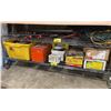 Image 1 : SHELF OF ASSORTED BOXES OF NAILS, HARDWARE, ORANGE PORTABLE TOOL BOX, & YELLOW BIN OF DRYWALL TOOLS