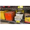 Image 3 : SHELF OF ASSORTED BOXES OF NAILS, HARDWARE, ORANGE PORTABLE TOOL BOX, & YELLOW BIN OF DRYWALL TOOLS