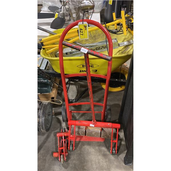 INDUSTRIAL LINOLEUM ROLLER & SMALL RED HAND TRUCK