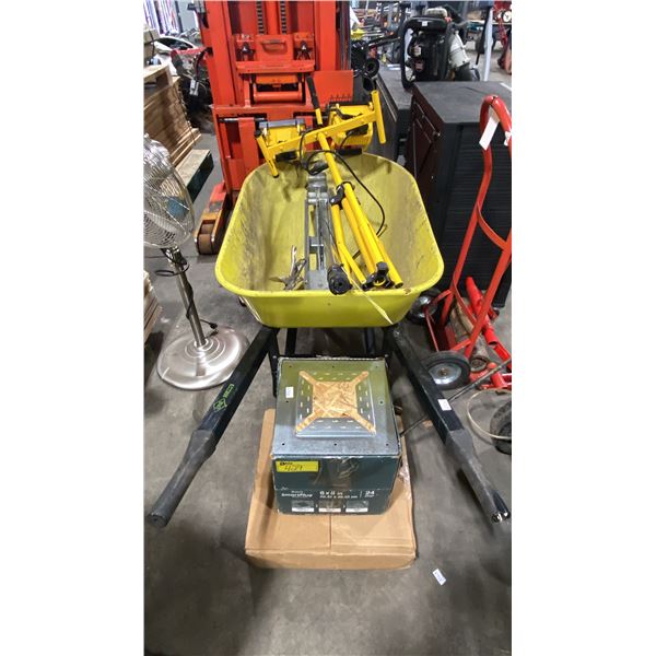 ERIE PRO YELLOW INDUSTRIAL WHEELBARROW WITH WORK LIGHT, THE GRIPULL ROOFING STRETCHER & BOX OF