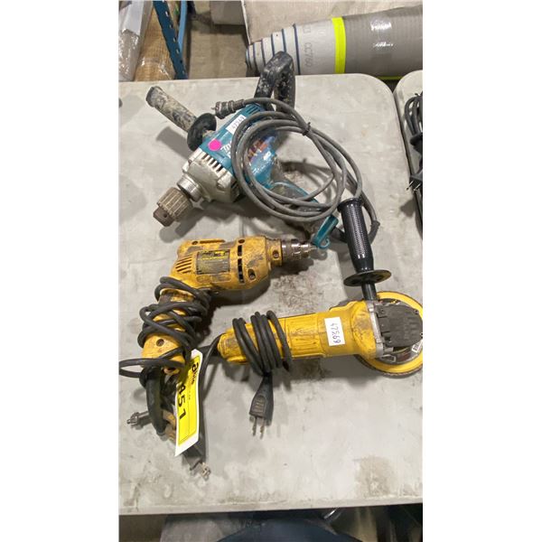 DEWALT D100-04 ELECTRIC DRILL, DEWALT DWE4011 ELECTRIC GRINDER & MAKITA ELECTRIC ANGLE DRILL *NO