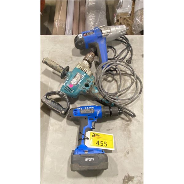 ELECTRIC IMPACT WRENCH, MAKITA ELECTRIC ANGLE DRILL & MASTERCRAFT CORDLESS DRILL WITH BATTERY, NO