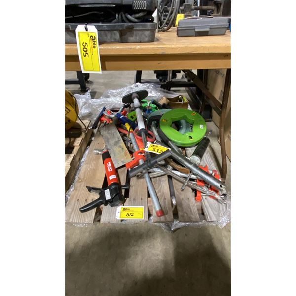 PALLET OF ASSORTED PIPE CLAMPS, HAND TOOLS, GREASE GUNS, & CABLE PULLERS *MUST TAKE ALL*