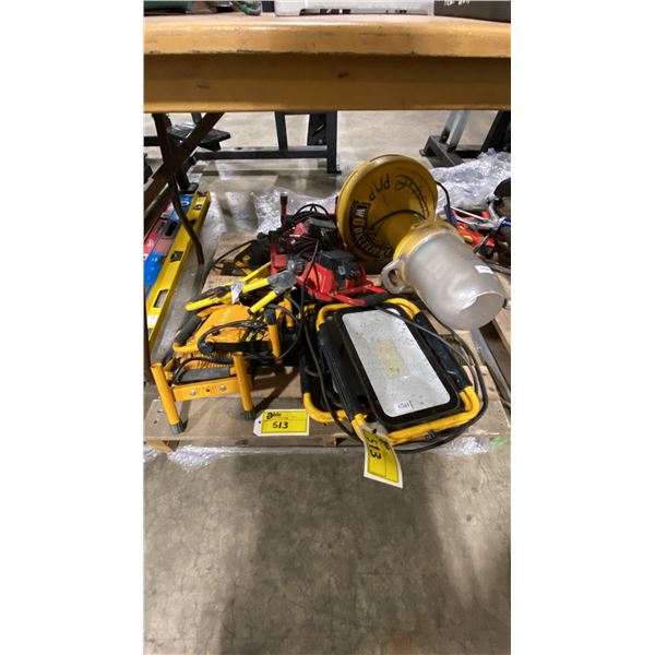 PALLET OF ASSORTED INDUSTRIAL ELECTRIC WORK LIGHTS *MUST TAKE ALL*