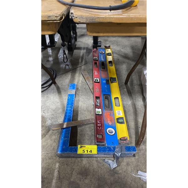 STACK OF ASSORTED FRAMING SQUARES & 3 INDUSTRIAL LEVELS